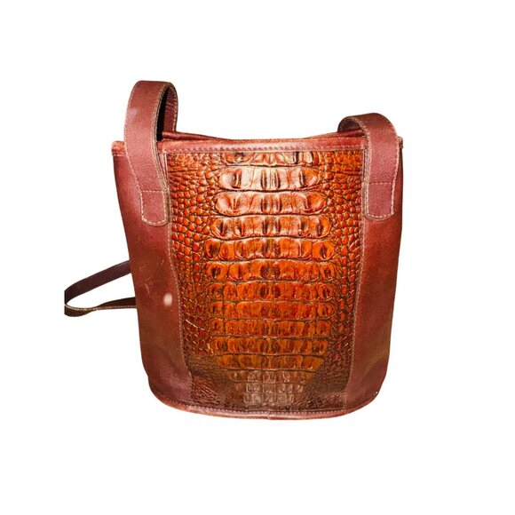 Vintage Brighton Brown Leather Croc Embossed Tote Bag Heart Charm Classic City - Picture 2 of 13